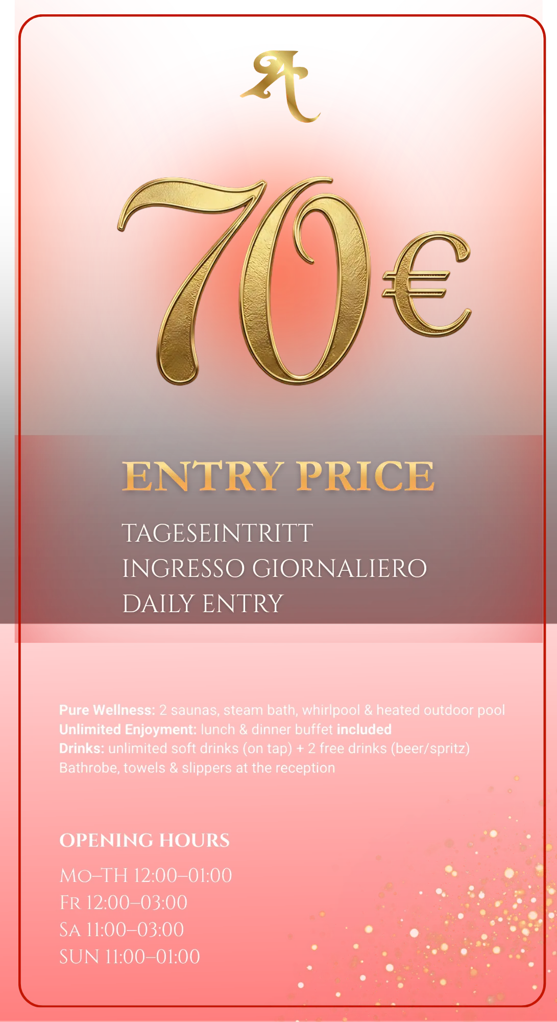 Completa la Tua Esperienza all'Andiamo Club Al di là della nostra speciale promozione del mercoledì visualizzata sopra, offriamo un'esperienza di relax premium ogni giorno. Il nostro ingresso giornaliero è il tuo pass tutto compreso per il lusso. Tutti gli ingressi giornalieri includono sempre: Oasi Benessere: Accesso a 2 saune, bagno turco, idromassaggio e piscina esterna riscaldata. Ristorazione Gourmet: Buffet illimitato a pranzo e cena. Bevande Incluse: Bibite analcoliche alla spina illimitate. Servizio Kit Spa: Accappatoio, asciugamani e ciabattine forniti alla reception. Scegli il tuo Pass: 🎫 Promo Speciale Mercoledì | 50€ Tutti i servizi sopra inclusi. (Nota: Bevande alcoliche escluse in questa promo). 🎫 Ingresso Standard (Altri Giorni) | 70€ Tutti i servizi sopra inclusi. Bonus Speciale: Include 2 bevande alcoliche a scelta (Birra, Radler o Spritz).