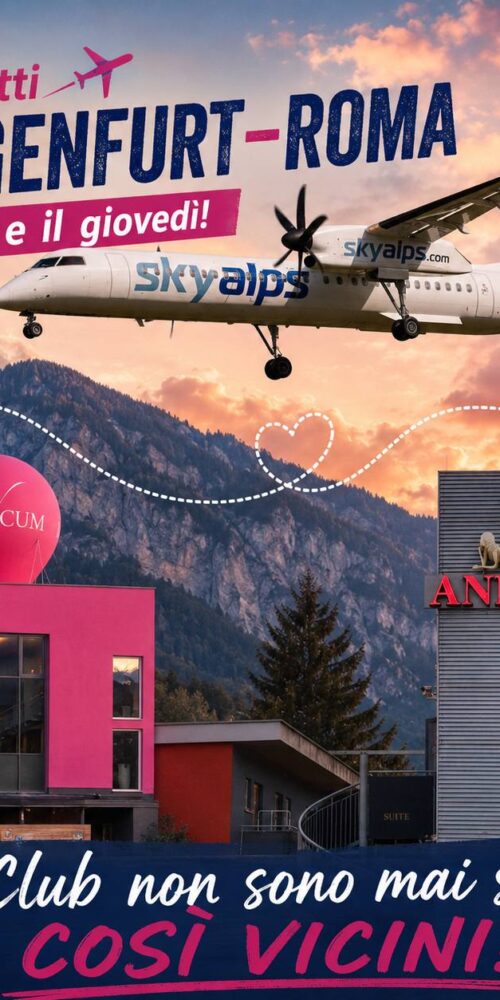 I CLUB NON SONO MAI STATI COSÌ VICINI! Dal 4 giugno è stato attivato un volo diretto che collega Roma a Klagenfurt il giovedì e la domenica, operato dalla compagnia SkyAlps: partenza da Roma il giovedì alle 9:45, ritorno da Klagenfurt la domenica alle 15:05. La durata del volo è di 1:40 minuti e il costo medio è di 135 euro a tratta, se prenotato per tempo. Vi ricordiamo che la distanza dall’aeroporto di Klagenfurt a Villach è di appena 40 km, percorribili poi in treno in 15 minuti circa. Per il momento è confermata l’operatività del volo per tutta l’estate. Se vivete in centro-sud Italia questa è la soluzione che fa per voi! www.skyalps.com