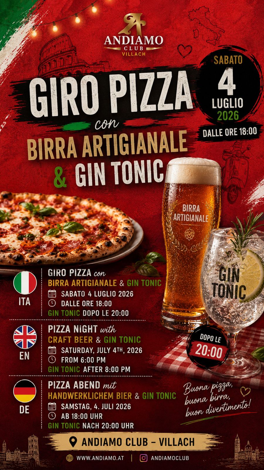 Giro Pizza con Birra Artigianale & Gin Tonic | Andiamo Club Villach – 4 Luglio 2026